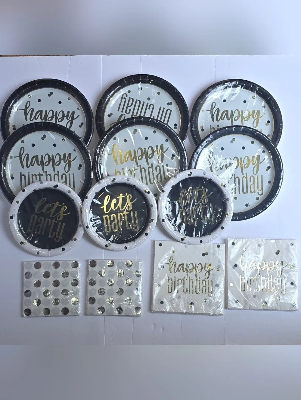 Happy Birthday Gold & Black Party Plates and Napkins Set